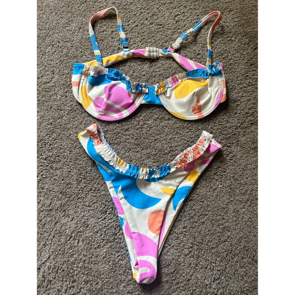 Aurelle Bikini‎ Set Ruffle Trim Abstract Print Halter Two Piece Swimsuit